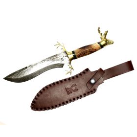TheBoneEdge 13.5" Wood Handle Deer Head Damascus Blade Hunting Knives W/ Leather Sheath