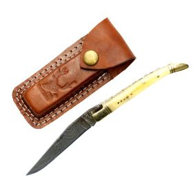 TheBoneEdge 8" Mini White Handle Damascus Blade Folding Knife With Leather Pouch