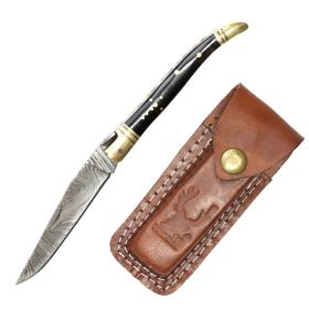 TheBoneEdge 8" Mini Black Handle Damascus Blade Folding Knife With Leather Pouch