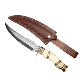 TheBoneEdge 13.5" Damascus Blade Horn Handle Hunting Knife With Sheath