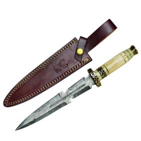 TheBoneEdge 13.5" Damascus Blade Hunting Knife White Horn Handle With Sheath