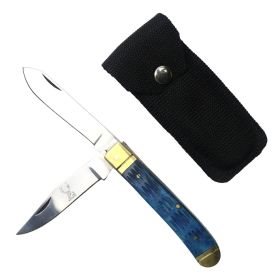 TheBoneEdge 8" Blue Horn Handle Practical Dual-Bladed Folding Pocket Knife