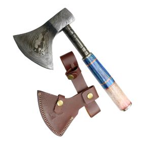 TheBoneEdge 10" Blue & White Color Horn Handle Damascus Blade Hunting Axe With Leather Sheath