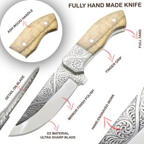 TheBoneEdge 10" Engraved Blade Ash Wood Handle Custom Hand Made Tracker Hunting knife With Sheath