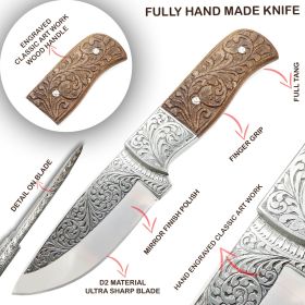 TheBoneEdge 9" Engraved Blade Rose Wood Handle Custom Hand Made Tracker Hunting knife With Sheath