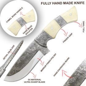 TheBoneEdge 10" Engraved Blade Horn Handle Custom Hand Made Tracker Hunting knife With Sheath