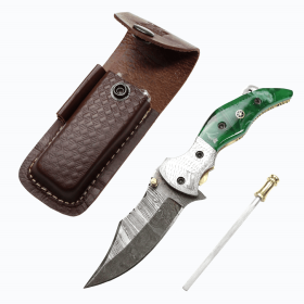 TheBoneEdge 7.5" Damascus Blade Hand Made Folding Knife Green Resin Handle With Pouch