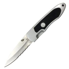 Defender-Xtreme 7.5" Silver & Black Handle Serrated Blade Spring Assisted Folding Knife Belt Cutter