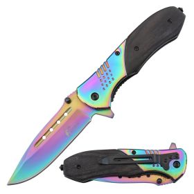 TheBoneEdge 8.5" All Rainbow Blade & Bolster Pakkawood Handle Spring Assisted Folding Knife