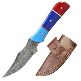 TheBoneEdge 6.5" Red & Blue Resin Handle Damascus Blade Hunting Knife Hand Made Knife