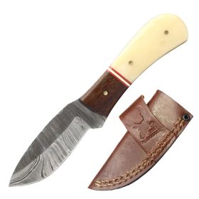 TheBoneEdge 6" Brown & Yellow Resin Handle Damascus Blade Hunting Knife With Sheath