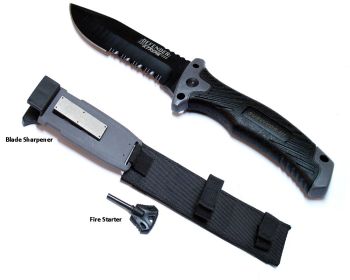 Black 11" Survival III Knife With Blade Sharpener, Fire Starter & Sheath