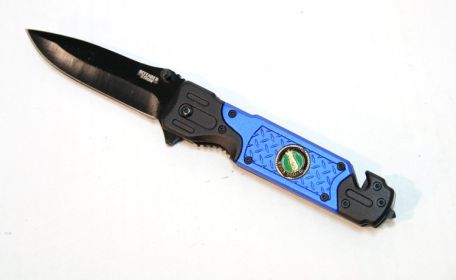 8" Folding Spring Assisted Knife Stainless Steel Dark Black with Blue Handle