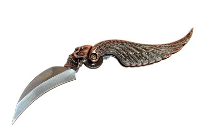 7" Bronze Skull & Wings Design Folding Knife Heavy Duty