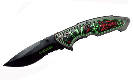 8.5" Spring Assisted Black Zombie Z Killer Handle Knife with Clip