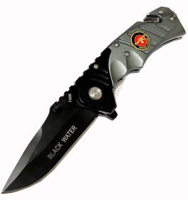 8" Black/Silver Spring Assisted Knife with Belt Cutter and Belt Clip