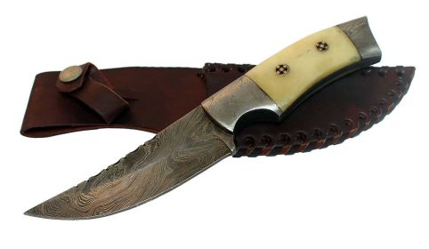 9" Damascus Steel Full Tang Buffalo Horn Handle Hunting Knife Hand Made