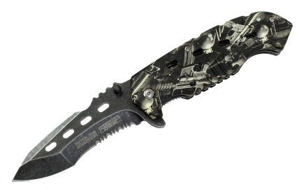 8" Defender Xtreme Serrated Spring Assisted Knife Machine with Gun Camo Handle