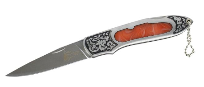 8" The Bone Edge Stainless Steel Folding Knife with Engraved Orange Colored Handle
