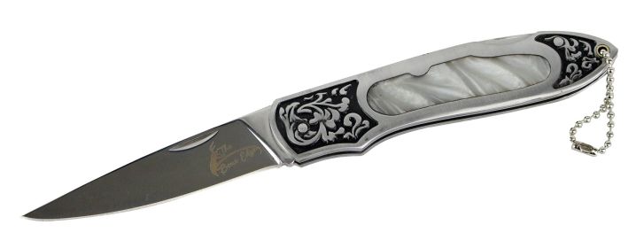 8" The Bone Edge Stainless Steel Folding Knife with Engraved Pearly White Handle
