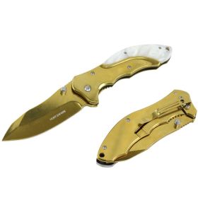 Hunt-Down 7" Gold Spring Assisted Knife With A White plastic Marble Trim Handle