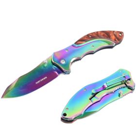 Hunt-Down 7" Rainbow Spring Assisted Knife W Red Wood Plastic Marble Trim Handle