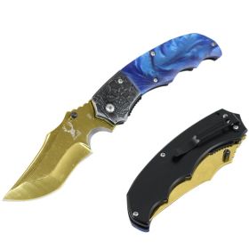 TheBoneEdge 7.5" Gold Ball Bearing Folding Knife With Blue Plastic Handle