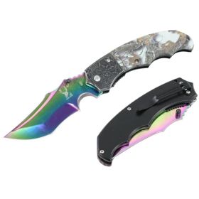 TheBoneEdge 7.5" Ball Bearing Folding Knife Rainbow Blade & Autumn Leaves Handle