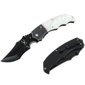TheBoneEdge 7.5" Ball Bearing Folding Knife Black Blade & White Faux Marble Handle