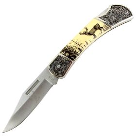 High Quality 7.5" The Bone Edge Folding Knife Deer & Wilderness Design Handle