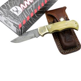 TheBoneEdge 6.5" Damascus Folding Knife Horn Handle Handmade with Sheath