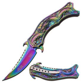 Dark Side Blades 8.5" Stainless Steel Spring Assisted Knife Dragon Pattern Rainbow Handle
