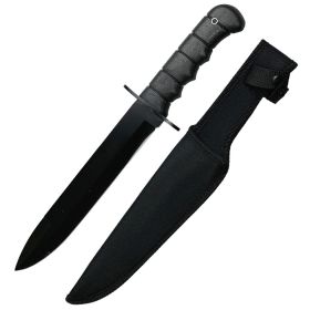 14" All Black Hunting Knife Stainless Steel Blade Rubber Handle With Sheath