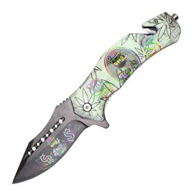 9" Spring Assisted Folding Knife Stainless Steel Blade White ABS Handle W/ Belt Cutter