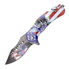 9" Spring Assisted Folding Knife Stainless Steel Blade USA Flag ABS Handle W/ Belt Cutter