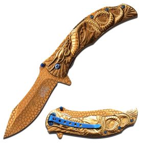 MTech 8.5" Stainless Steel Spring Assisted Knife Golden Titanium Coated Handle