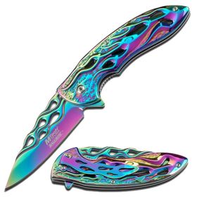 MTech 7.75" Stainless Steel Spring Assisted Knife Flame Cut Out Pattern Rainbow Handle