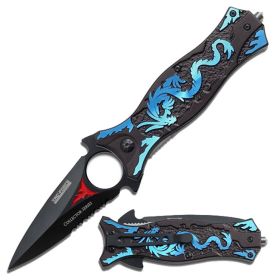 MTech 8"Stainless Steel SpringAssisted Knife Hunting Blue Dragon Aluminum Handle