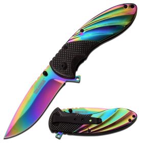 Tac-Force 8.3" Spring Assisted Knife Stonewash Stainless Steel & Rainbow Ti-coated Handle