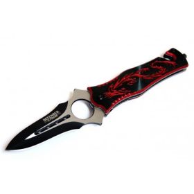 8" Folding Spring Assisted Knife With Metal Red & Black Dragon Design Handle And Belt Clip