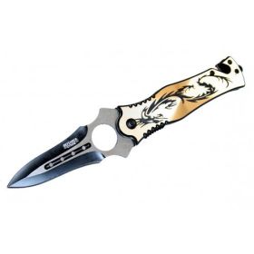 8" Folding Spring Assisted Knife With Metal Tan Dragon Design Handle And Belt Clip