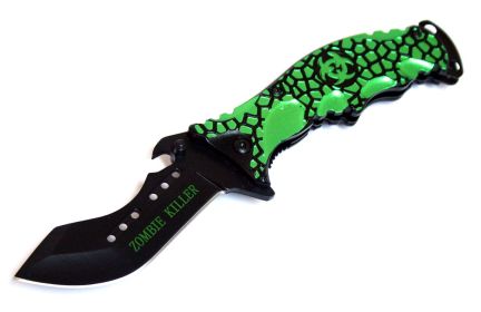 8" Green & Black Zombie Killer Spring Assisted Knife with Belt Clip