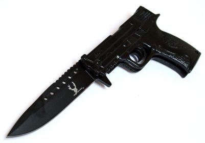 8" Black Gun Spring Assisted Knife Design With Belt Clip