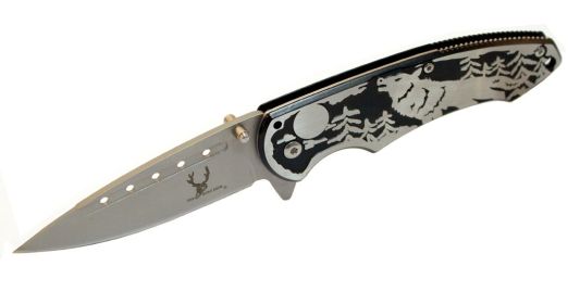 8" Black & Silver S/A Howling Wolf Stainless Steel Blade Pocket Knife Metal Handle W/ Belt Clip