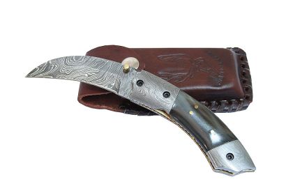 7.5" Damascus Steel Buffalo Horn Handle Folding Knife Hand Made
